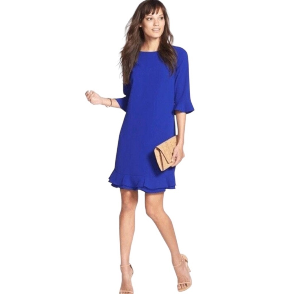 CeCe Blue Ruffled Sheath Dress with Dolman Sleeves